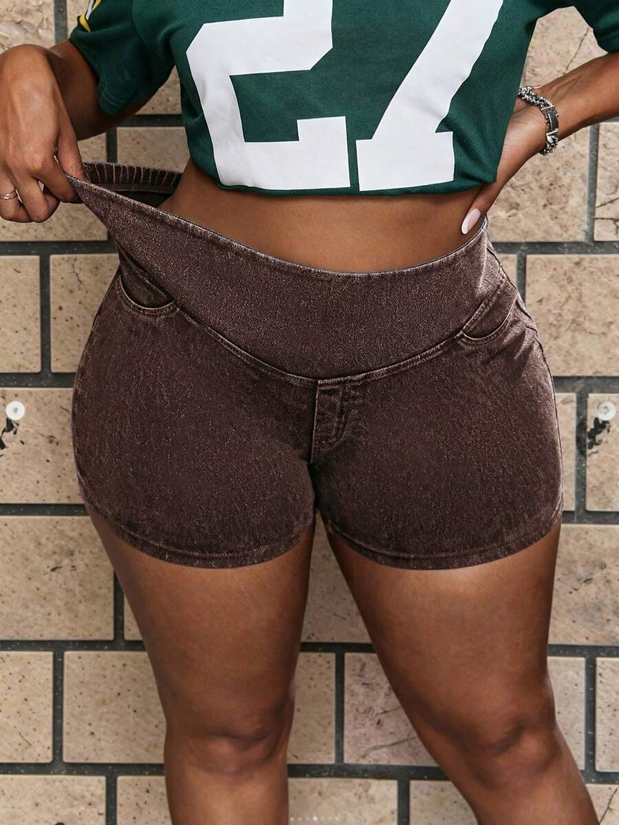 Dripcurv Plus Size Women's Summer Denim Shorts Casual Tight-Fitting Stretch Shorts In Blue Jorts - Brown - View 1