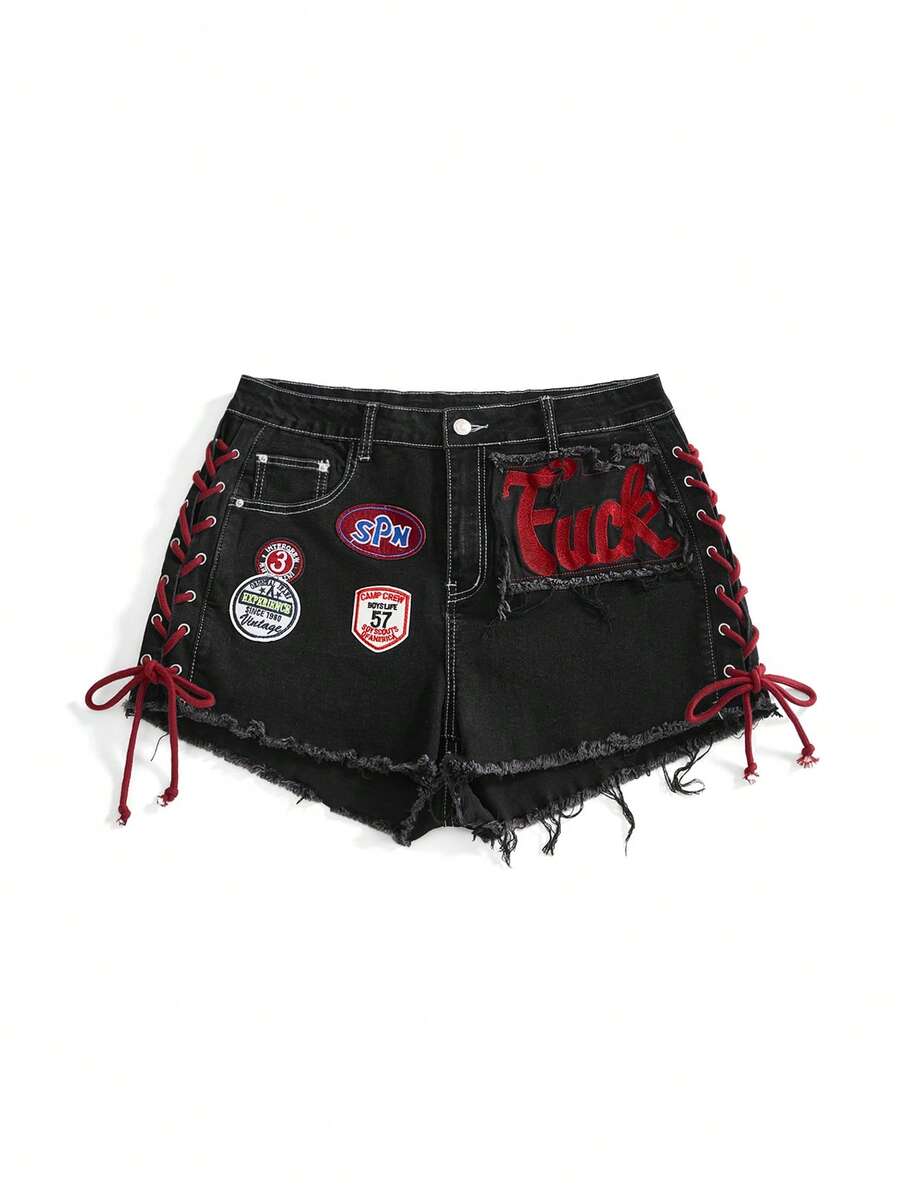 ROMWE Avant Quần short denim dáng ôm mini, kiểu dáng thể thao Y2K retro dành cho nữ, chất liệu jersey, có logo in nổi, dây rút, cạp thấp, gợi cảm. - màu đen - Xem 1