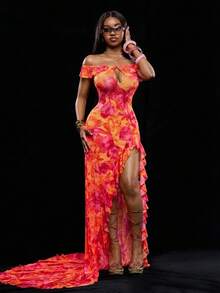 Vadaroq Vestido largo y fluido naranja de hombros descubiertos, elegante y bohemio, con flores de malla transparente, para mujer en primavera/verano - Naranja - Ver 3
