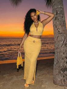 BamGleam Bộ đồ dệt kim 2 mảnh dành cho nữ, áo hai dây hở lưng thoáng khí, thân thiện với da và chân váy dài xẻ tà, thích hợp cho các hoạt động thường ngày, tiệc trà chiều, kỳ nghỉ hè. - Màu vàng - Xem 4