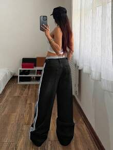 StreetHx Celana Jeans Denim Kasual Wanita dengan Warna Kontras - Hitam - View 2