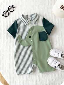 SHEIN Unisex Newborn Baby Boy/Girl Contrast Color Block Blue Striped Cute Elephant Print Short Sleeve Romper, Spring/Summer Baby Clothes - Mint Green - View 3