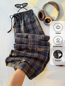Comfortcana Pantalones casuales de otoño anchos, de pierna ancha, con estampado a cuadros y cintura con cordón para mujer de talla grande - Multicolor - Ver 1