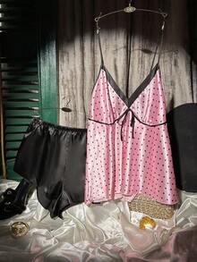 SilkySpell Contrast Color Polka Dot Print Sexy Deep V Camisole & Shorts Plus Size Faux Silk Pajama Set - Pink - View 5