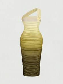 SHEIN MOD Plus Size Women's Elegant Olive Green Summer Wedding Guest Dress,Gradient Tie-Dye Asymmetrical One-Shoulder Pleated Bodycon Mini Dress For Parties - Mustard Yellow - View 2