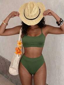 SHEIN Swim Summer Beach Ribbed Bikini Set Wireless Bra Top & High Waist Bikini Bottom 2 Pieces Bikini - Army Green - View 6