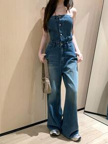 DAZY Bộ áo liền quần denim nữ kiểu dáng thường ngày, có túi và cúc, thích hợp mặc hàng ngày. - Rửa trung bình - Xem 7