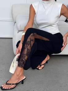 Lavishia 女士优雅蕾丝拼接黑色长裤，夏季 - 黑色 - 查看 6