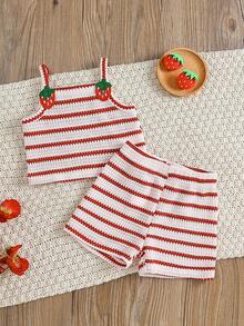 2pcs Baby Girls Sleeveless Red And White Stripe Top,Strawberry Embroidery Decor,Elastic Waist Shorts,Summer Cute Vacation Casual Sweet Set For Daily - Red and White - View 6