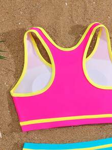 SHEIN Tween Girl Contrast Color Round Neck Crop Top And Triangle Bottoms Bikini Set - Multicolor - View 4