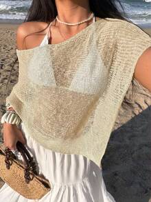 Sunnyshic Women's Beige Hollow-Out Minimalist Sheer Casual Vacation Style Knit Cover Up Cover Up, Autumn Beach Vacation - Apricot - View 3