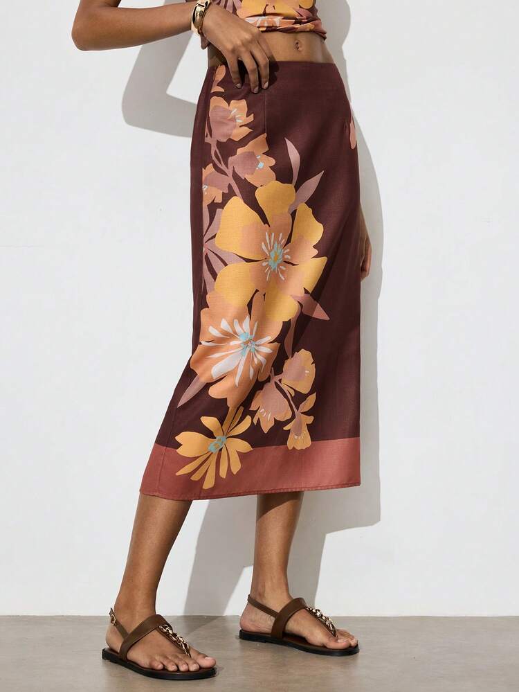 SHEIN Maija Women's Vintage Brown Floral Print Slit A-Line Skirt,Summer,Elegant,Tea Party,Vacation,Holiday Outfits For Old Money Teacher Casual Formal