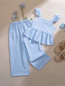 SHEIN Vintaside Kids 女童格子荷叶边方领短袖两件套，夏季 - 藍色 - 查看 3