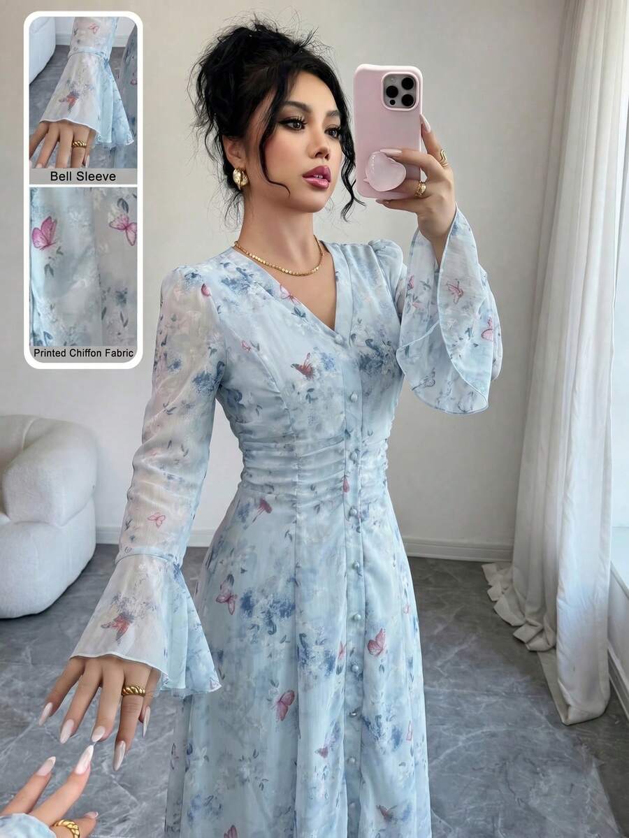 Modelyn V領喇叭袖花卉印花中長洋裝,前開鈕扣抓皺高腰A字裙 - 灰藍色 - 查看 1