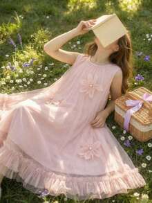Cute Light Pink Summer Picnic Dress For Tween Girls,Flower Girl Birthday Dresses,Elegant Vintage Botanical Island Style,Vacay Vibes Outfit,فستان - Pink - View 4