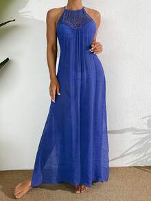 Women's Solid Color Hollow Out Side Slit Bottom Halter Beach Resort Dress Summer - Royal Blue - View 1