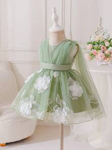 SHEIN Glamorique Kids 女嬰鼠尾草綠刺繡薄紗洋裝附披肩，優雅花童禮服，適合婚禮、生日、派對，夏季無袖蓬蓬公主裙 - 綠色 - 查看 5