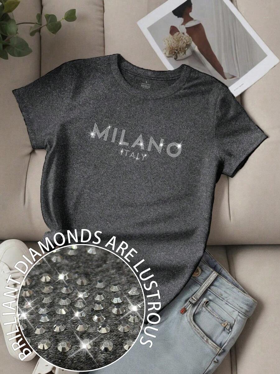 Resyla 女士标语 MILANO ITALY 字母印花T恤 短袖休闲上衣 MILAN ITALY 图案T恤 女士上衣 - 灰色 - 查看 1