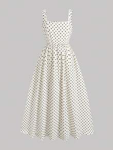 SHEIN Gaun Anak Perempuan Remaja Musim Panas Terbaru Motif Polkadot Leher Persegi Pinggang Model A-Line Panjang - Aprikot - View 3