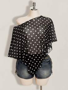 SHEIN ICON 女士不对称肩部黑白波点网纱上衣 - 黑色 - 查看 1