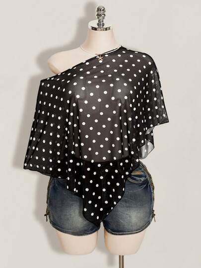 SHEIN ICON 女士不对称肩部黑白波点网纱上衣