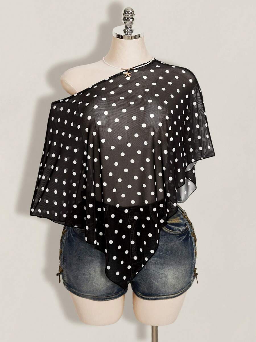 SHEIN ICON 女士不对称肩部黑白波点网纱上衣 - 黑色 - 查看 1