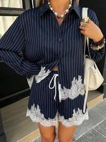 Siren Gaze Set Kemeja Pendek dan Celana Pendek Bergaris, Set 2 Potong Wanita Berhiaskan Renda, Set Celana Pendek, Set Kemeja - Navy Blue - View 3