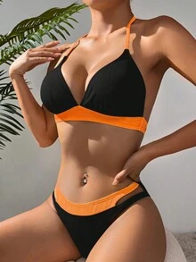 Swim Vcay 女士夏季沙滩撞色露背系带性感比基尼和三角泳裤套装 - 亮橙色 - 查看 4