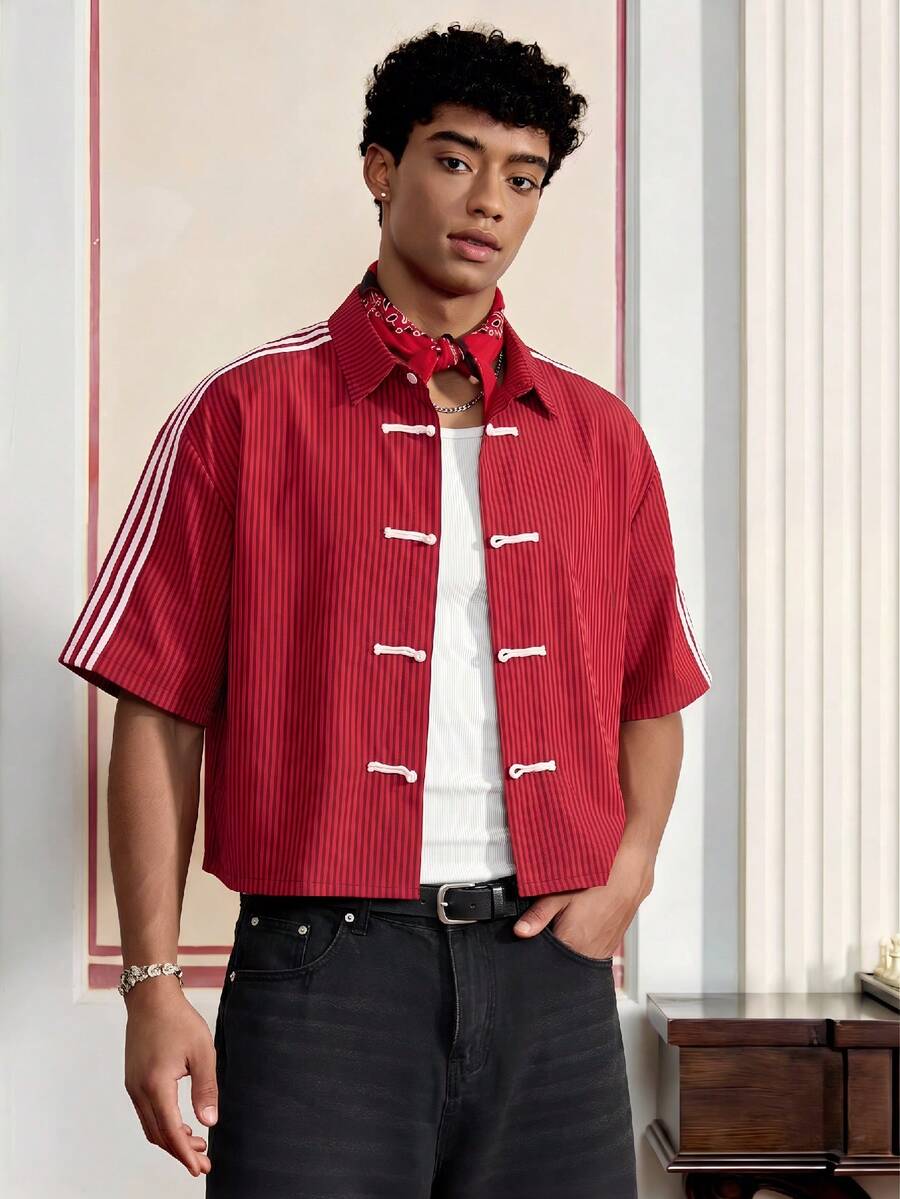 SWAVVY Men's Casual Striped Button-Front Short Sleeve Shirt - Red - View 1