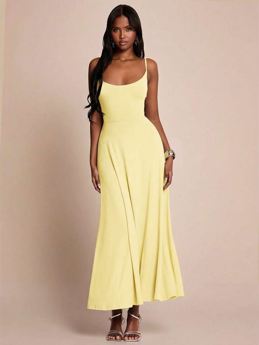 SHEIN BAE Damen blassgelbes elegantes minimalistisches ärmelloses figurbetontes langes Kleid für Sommer Brunch Gartenparty Picknick mit Rüschensaum in einfarbigem Blau Marine Urlaubskleidung - Gelb - Übersicht 1