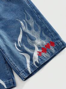 ROMWE MEN Quần short denim nam kiểu dáng thường ngày in hình ngọn lửa, thích hợp cho mùa hè. - Màu xanh lam - Xem 4
