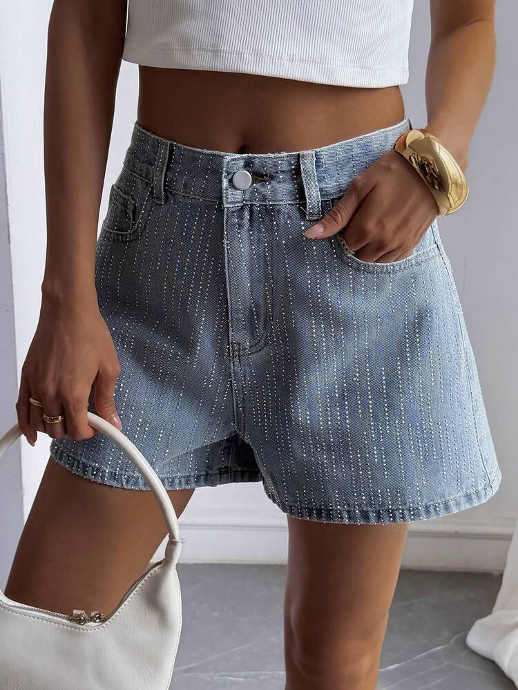 Women's Shiny Blue Loose Denim Shorts, Spring/Summer