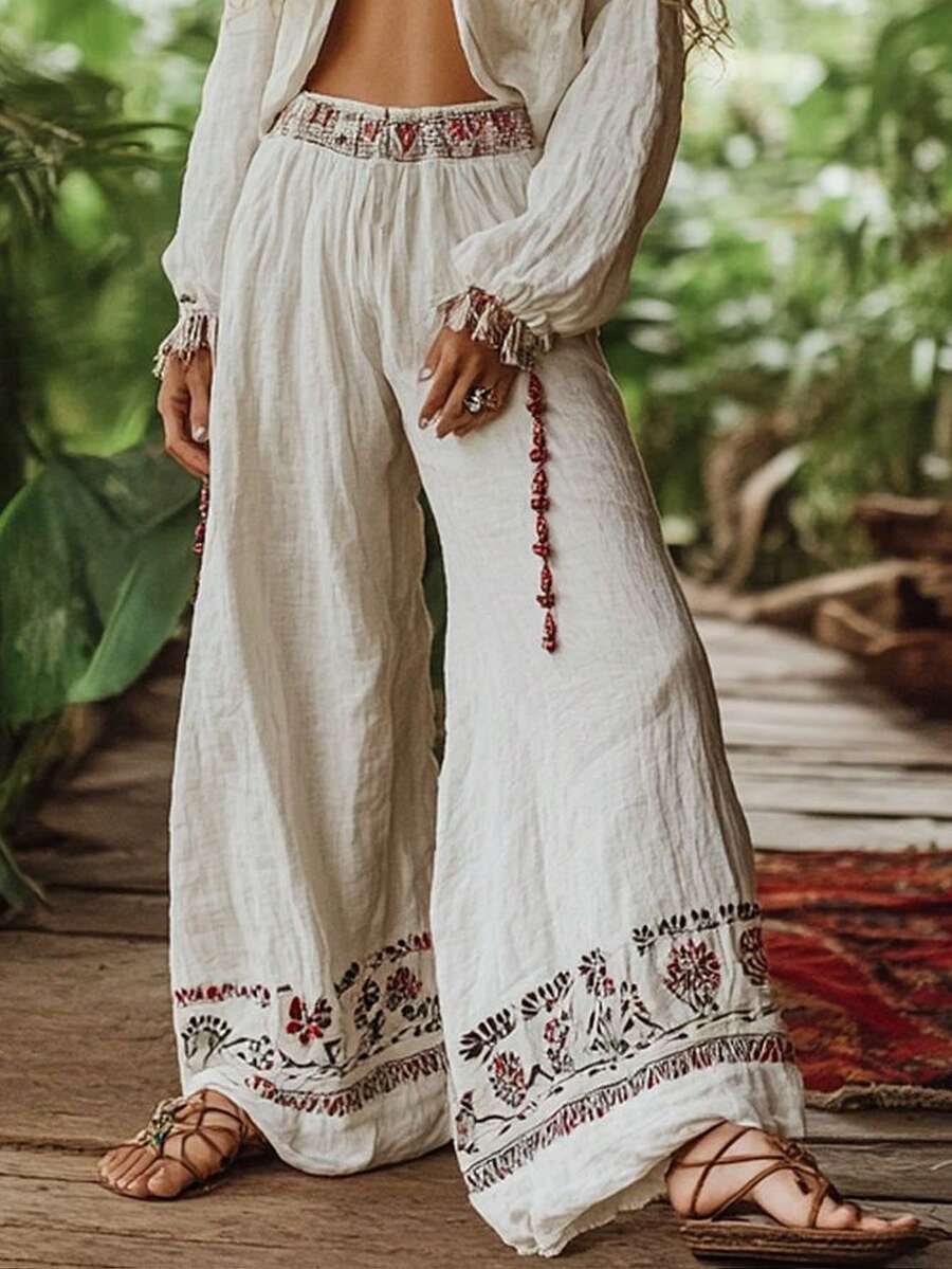 Balvessa Women's Casual Loose Bohemian Style Long Pants, Summer - White - View 1
