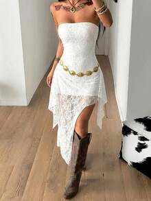 Coolane Robe asymétrique sans manches pour femmes, tenue de rue d'été Y2K, tenue de club sexy, tenue de festival de musique - Blanc - Voir 4