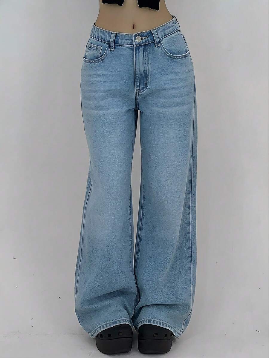 SHEIN Tween Girls' Solid Color Casual Jeans - Light Wash - View 1