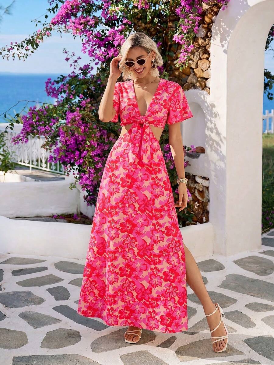 Vivid Eden 女士优雅浪漫度假沙滩装碎花吊带镂空连衣裙，女士V领连衣裙，女士粉色连衣裙 - 粉色 - 查看 1