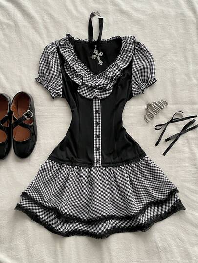 Attitoon 休闲复古朋克Y2K百搭派对印花连衣裙，适合音乐节、哥特风、夏季外出，荷叶边泡泡袖迷你连衣裙，女士款