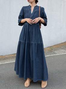 FRIFUL Đầm denim nữ dáng suông, cổ chữ V, eo thắt, thích hợp cho kỳ nghỉ hè và đi làm. - Màu xanh lam - Xem 6