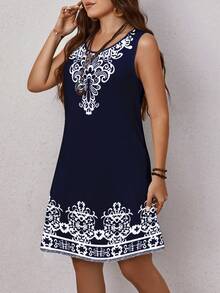 EMERY ROSE Plus Size Women Floral Print Casual Minimalist Sleeveless Round Neck Dress, Suitable For Summer Vacation Spring - Multicolor - View 5