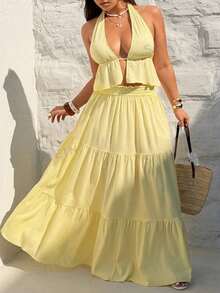 SHEIN PETITE CURVE Solid Color Sexy Minimalist Vacation Style Halter Neck Maxi Loose Skirt Elegant 2-Piece Set - Yellow - View 3