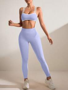 Easithlete Bộ đồ tập yoga co giãn không đường may, gồm áo hai dây và quần cạp cao. - Màu tím hoa cà - Xem 6