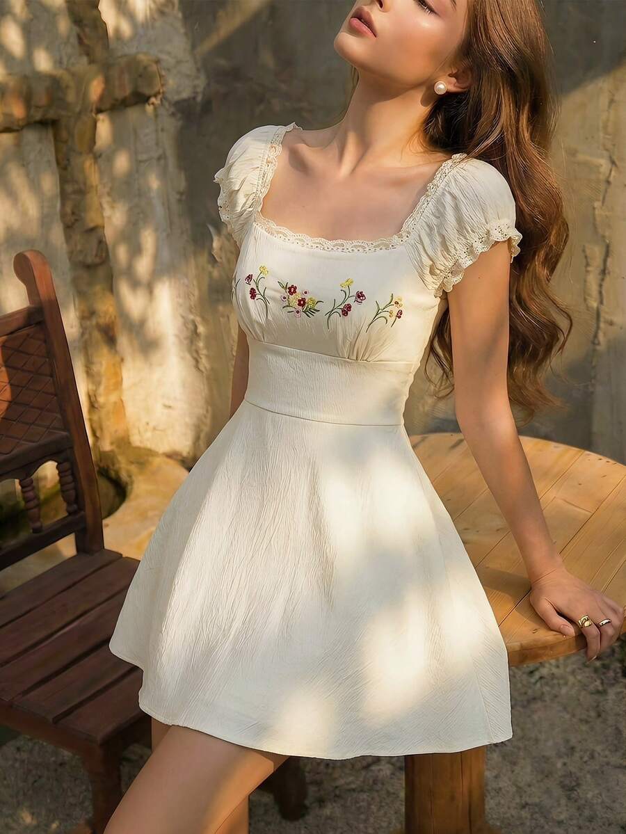 Skyraze Women's Beige Floral Embroidered Square Neck Mini Dress,Summer Casual Cottagecore,Elegant Party Picnic Beach Vacation Retro Garden Holiday Outfits - Apricot - View 1