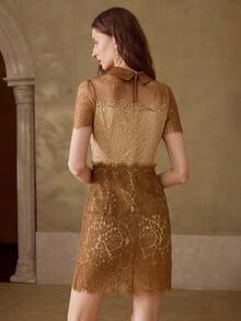 MOTF PREMIUM WOMEN'S LACE WAIST CINCHED CROP SHORT SLEEVE MINI DRESS - Coffee - View 4