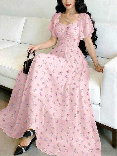 Modelyn Vestido de manga corta con cuello cuadrado y diseño de volantes con estampado floral de rosas, cintura ceñida, vestido largo elegante para vacaciones de verano y uso diario