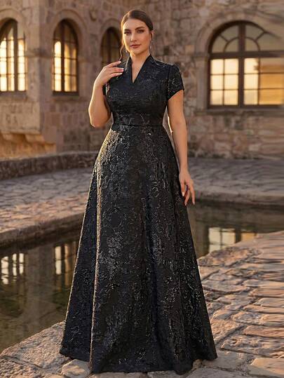 Serin Đầm dáng chữ A sang trọng, thanh lịch, màu đen, cổ đứng, tay ngắn, chất liệu jacquard cao cấp, cỡ lớn, phù hợp cho đám cưới, tiệc tùng, sự kiện trang trọng, hoặc cho mẹ cô dâu.