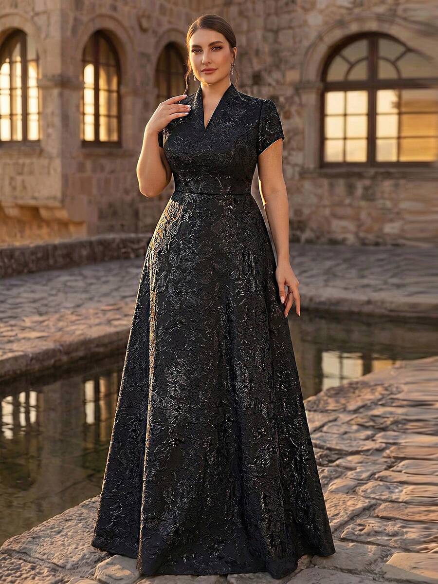Serin Vestido de línea A de lujo con cuello alto, manga corta y jacquard, elegante y romántico, adecuado para bodas, fiestas, eventos formales, vestido de madre de la novia, talla grande