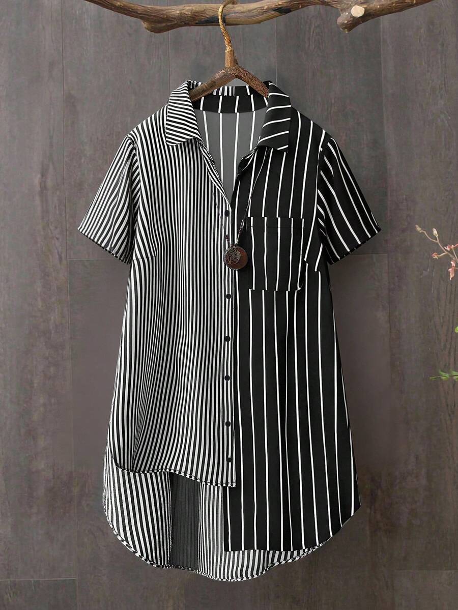 SHEIN LUNE 大码女式春夏宽松条纹拼接短袖衬衫 - 黑與白 - 查看 1