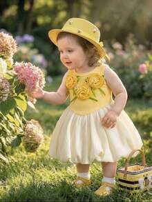SHEIN Vintaside Kids 女婴甜美公主风3D玫瑰花装饰无袖A字连衣裙，宽松版型，适合日常外出、休闲旅行、家庭聚会、生日派对、拍照等场合。 - 黃色 - 查看 4
