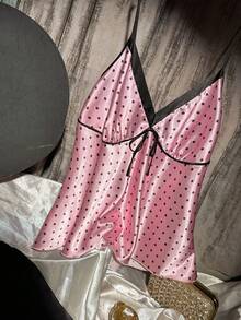 SilkySpell Contrast Color Polka Dot Print Sexy Deep V Camisole & Shorts Plus Size Faux Silk Pajama Set - Pink - View 6
