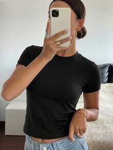 Livesso T-shirt ajusté à manches courtes rayé pour femmes, été - Noir - Voir 3